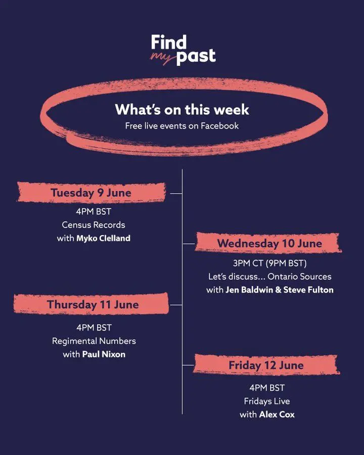 Find My Past Facebook Live Events for Week beginning June 8th 2020