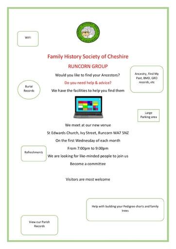 RUNCORN FAMILY HISTORY SOCIETY OF CHESHIRE POSTER JUNE 2022