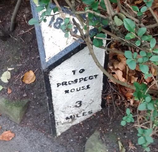 Milestone side showing 3 miles to Prospect House Samuel Brooks house in Hale Barns. By 1862 he had created Brooks Drive off Wilmslow Road, Hale Barns with the intention of making a carriage route to Brooklands Station.